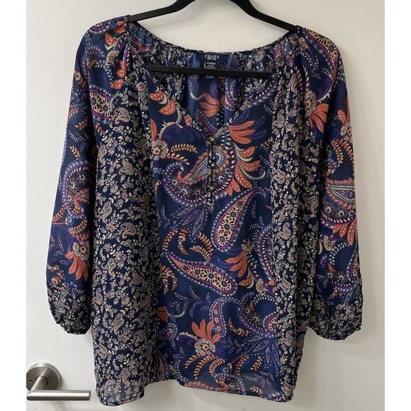 Chaps Boho Tunic Top Blue Paisley Mixed Pattern Peasant Semi Sheer Size 1X - Picture 2 of 5